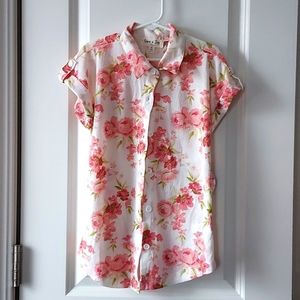 Love & Joy short sleeve button up w/collar shirt small white /pink